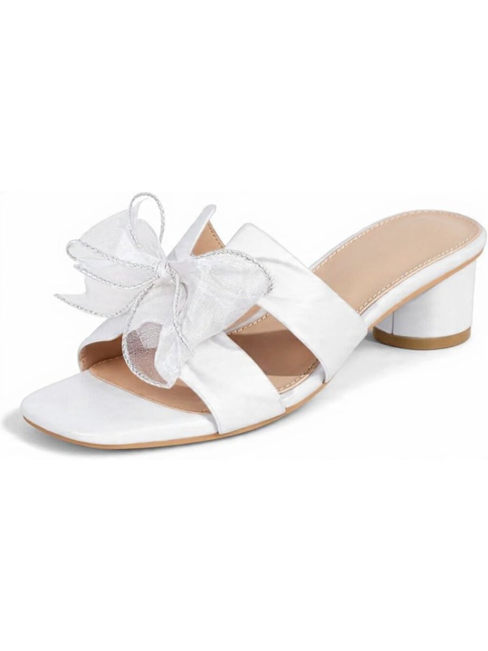 Coutgo Size 7.5 Sandals Square Open Toe Bow Detail Chunky Block Heel White Slide